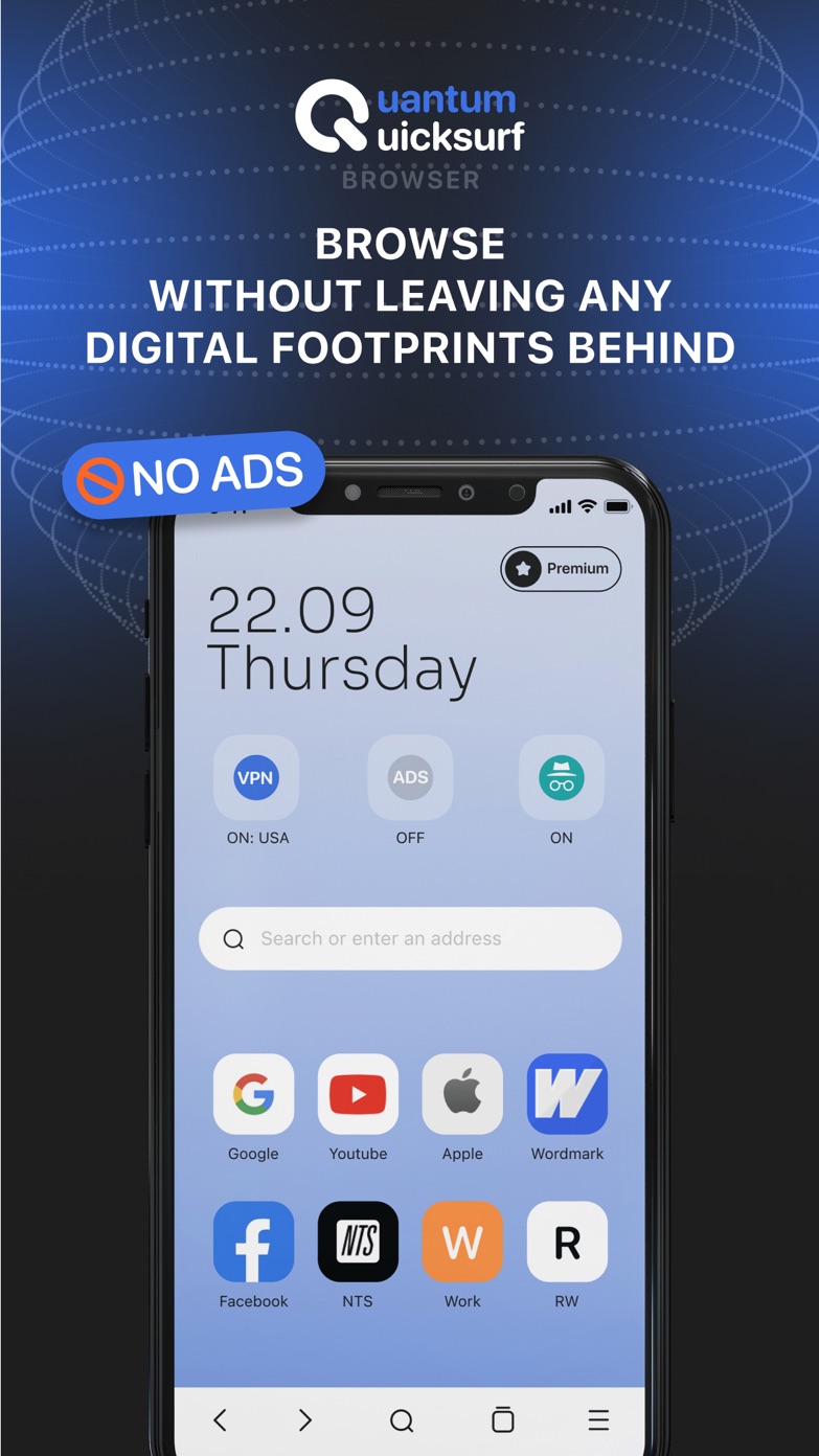 Quantum Quicksurf home screen with VPN, adblock and private browsing controls